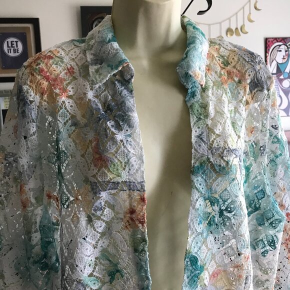 ALFRED DUNNER size L Sheer White Green & Rust Lace Open Jacket Top - Picture 2 of 5